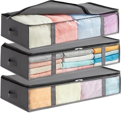 Lifewit 90L Under Bed Storage Bags 3 Pack Foldable with Front Window Grey