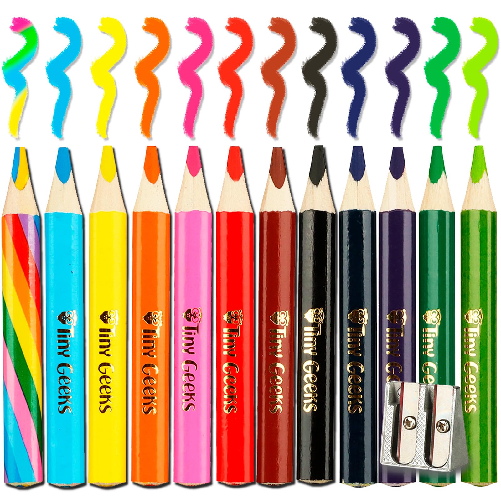 TinyGeeks Jumbo Pencils - New Version - 12 Triangle Short Colors - for Kids - with Rainbow Pencil - Sharpener - Perfect for Preschool, Toddlers and Beginners - Recommended by Teachers & Experts
