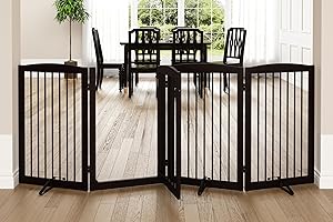 PUPETPO Freestanding Dog Gates with Door Walk Through, Dog Gate for Stairs, 80 inch Wide Dog Gates Indoor, Dog Fences Indoor, Support Feet Included, 4 Panels, 32" Tall, Dark Brown