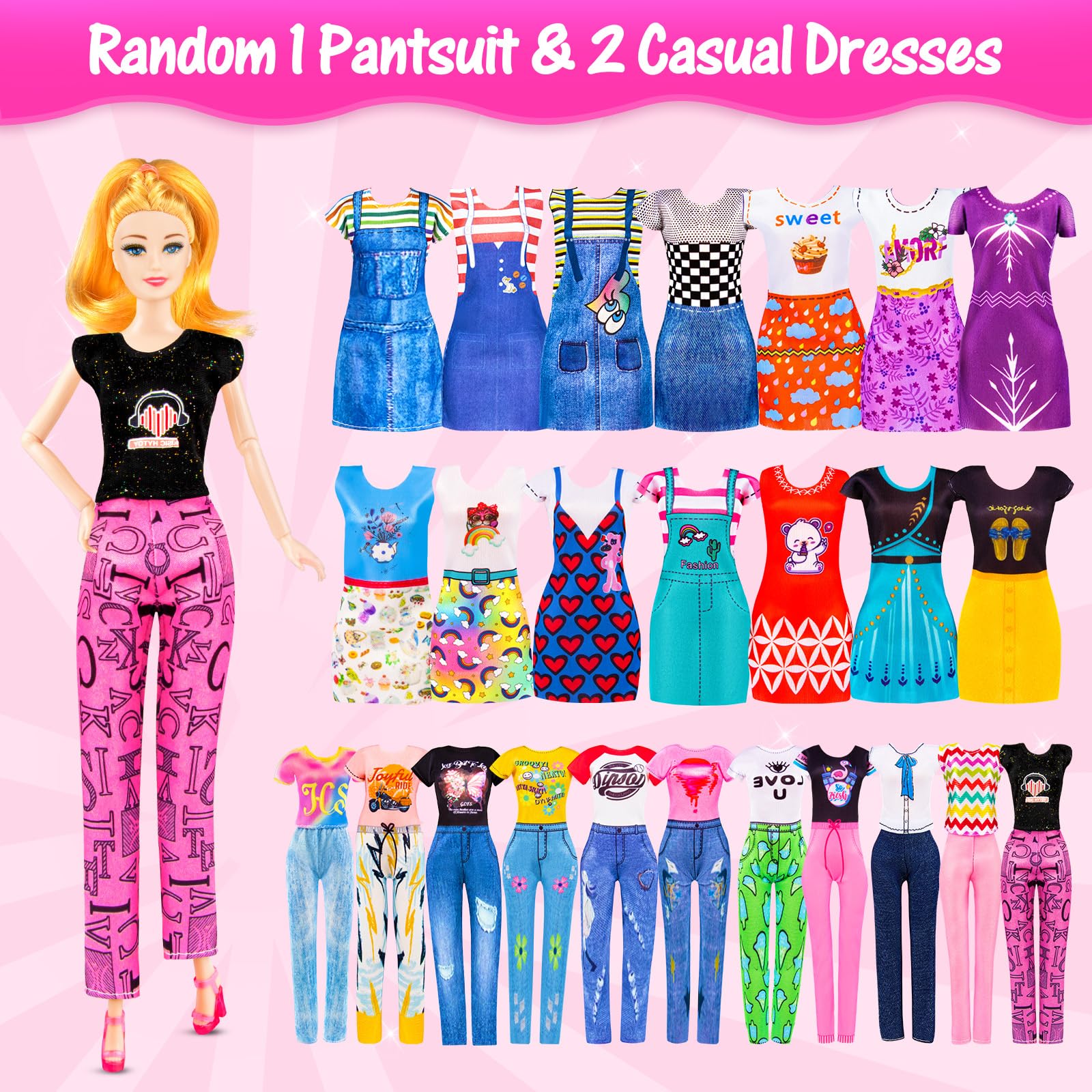 Glisiol 67Pcs Doll Clothes and Accessories with Doll, Motorcycle Scooter Set, Skiing Kit, Pet Set, 10 Shoes, 6 Outfits (Dress/Pants/Casual), Doll Playset Dress Up Toys for Girls Kids Toy Gifts