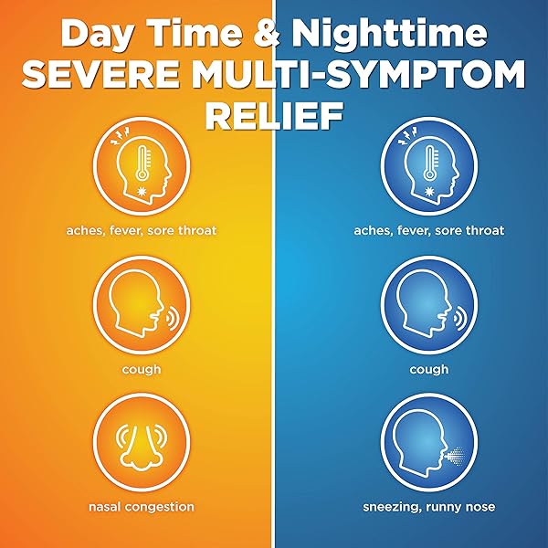 AMAZON BASIC CARE VAPOR ICE DAYTIME AND NIGHTTIME SEVERE COLD AND FLU, MULTI-SYMPTOM RELIEF FOR COUGH, SORE THROAT, NASAL CONGESTION, MAXIMUM STRENGTH COATED CAPLETS, COMBO PACK, 24 COUNT