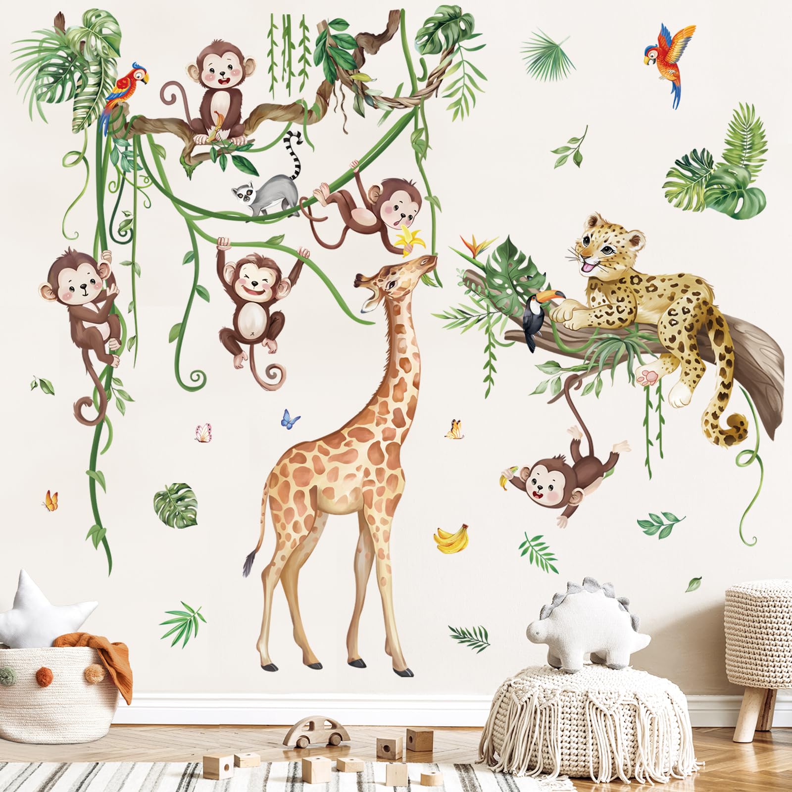 wondever Jungle Animals Tree Branch Wall Stickers Safari Leopard Giraffe Monkey Peel and Stick Wall Art Decals for Baby Nursery Kids Bedroom Living Room