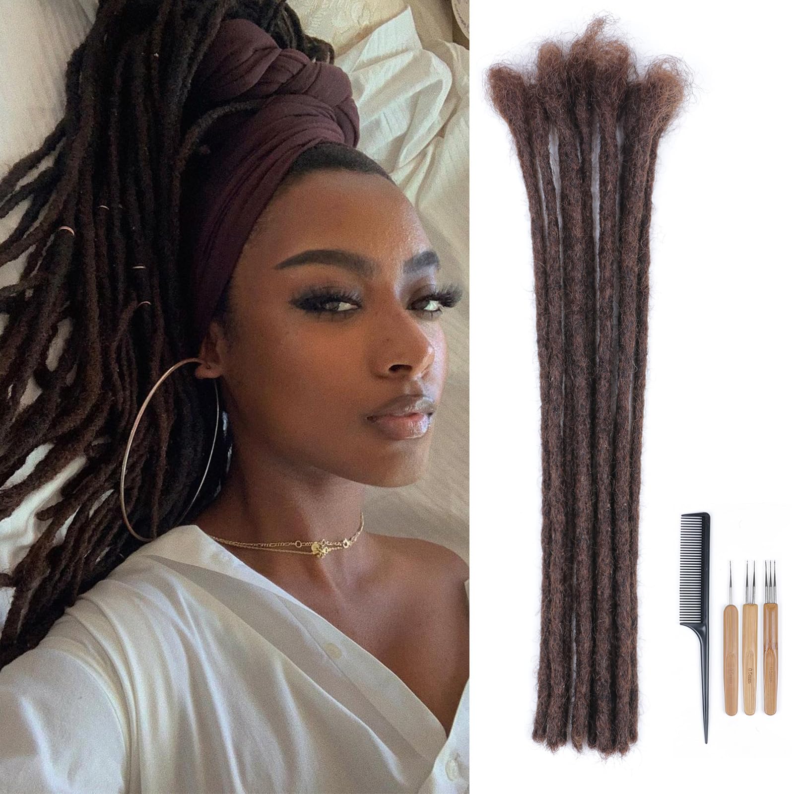 DaiMer Human Hair Loc Extensions 0.6cm Thickness 12 Inch 10 Strands Handmade and 100% Real Human Hair Auburn Dreadlock Extensions for Man/Women/Kids Can Be Dyed Bleached Curled and Twisted (4#) — image 1