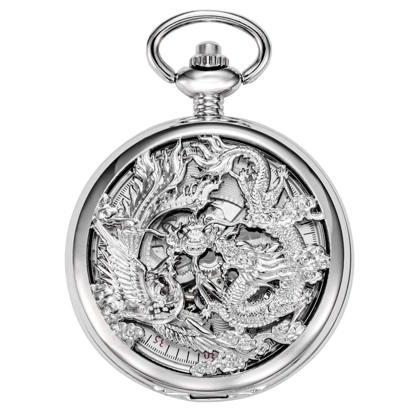 TREEWETO Mechanical Skeleton Pocket Watch Silver Lucky Dragon + Gift Box