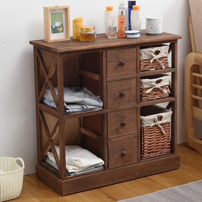 Rebecca Mobili Armoire Meuble De Rangement 4 Tiroirs 1 Porte Bois Marron Design Retro Rustique Salle