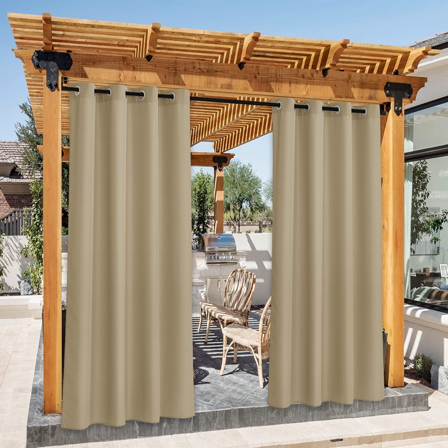 Outdoor Curtains - NICETOWN Taupe Outdoor Curtains for Patio Waterproof 2 Panels, Stainless Steel Grommet Durable Privacy Indoor Outdoor Vertical Drapes for Yard Party/Picnic, W55 x L95