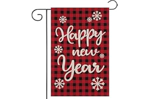ZYP Happy New Year Burlap Garden Flag, Double Sided 12.5 x18.5 Inch Decorative Red Plaid New Year Christmas Winter Garden Yard Banner Flag Lawn Outdoor Decoration