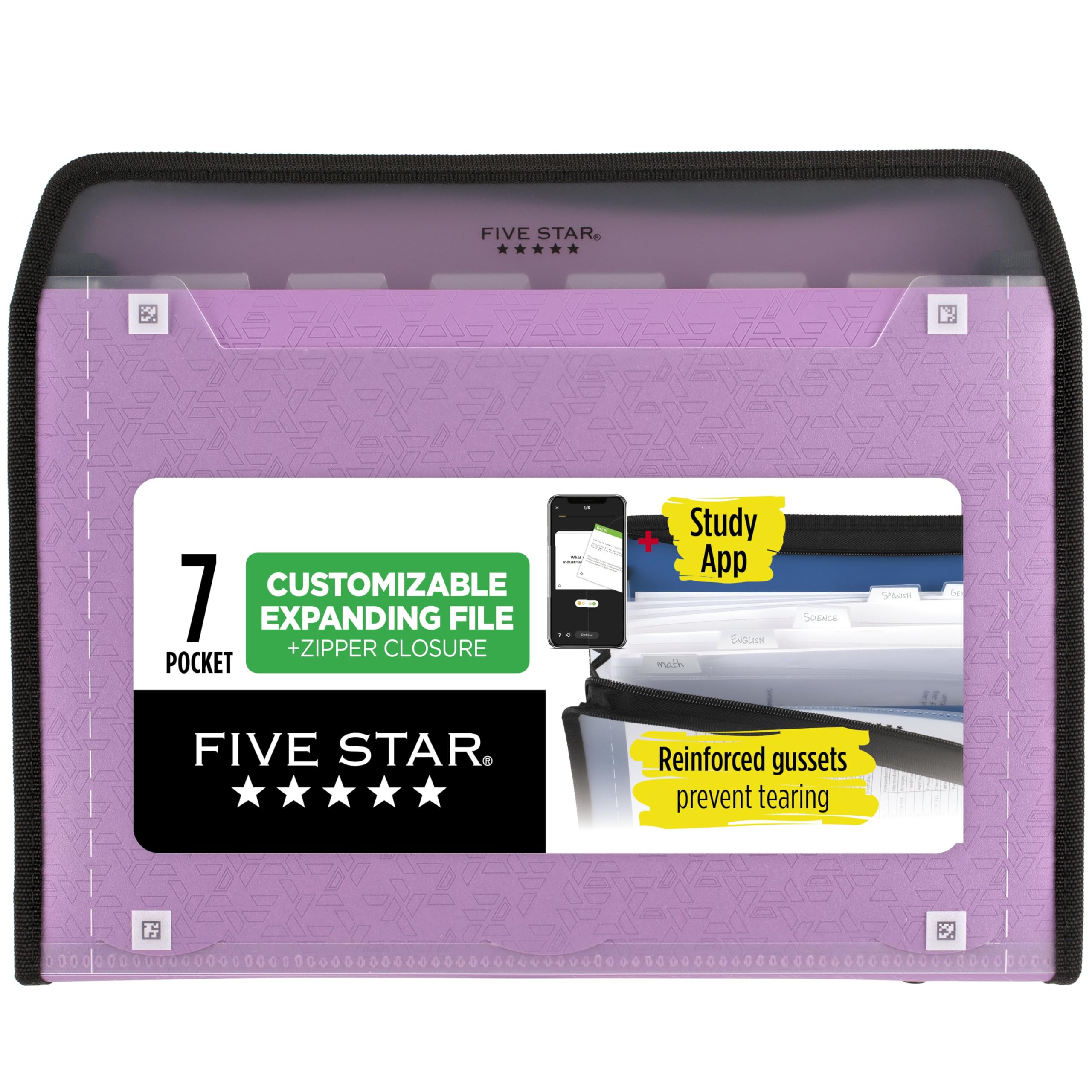 Photo 1 of Five Star Expanding File Organizer + Study App, 7-Pocket Accordian File Organizer, Zipper Closure, Holds 8-1/2" x 11" Paper, Amethyst Purple (350099G-ECM)