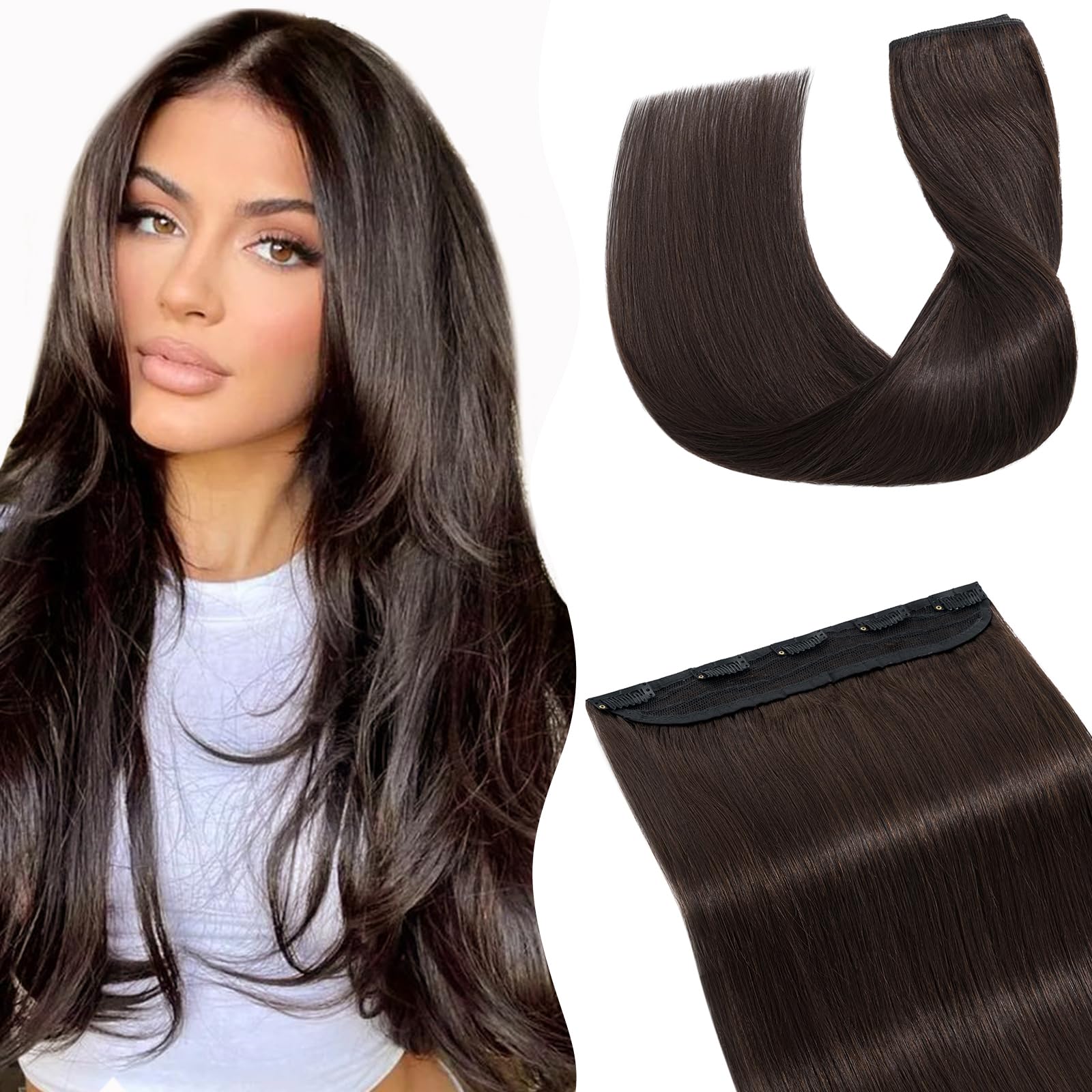 TESS Clip In Hair Extension Remy,Hair Extensions Real Human Hair One Peice 5 Clips Straight Natural Hairpieces for Womens/Girls(#2 Dark Brown,20Inch)