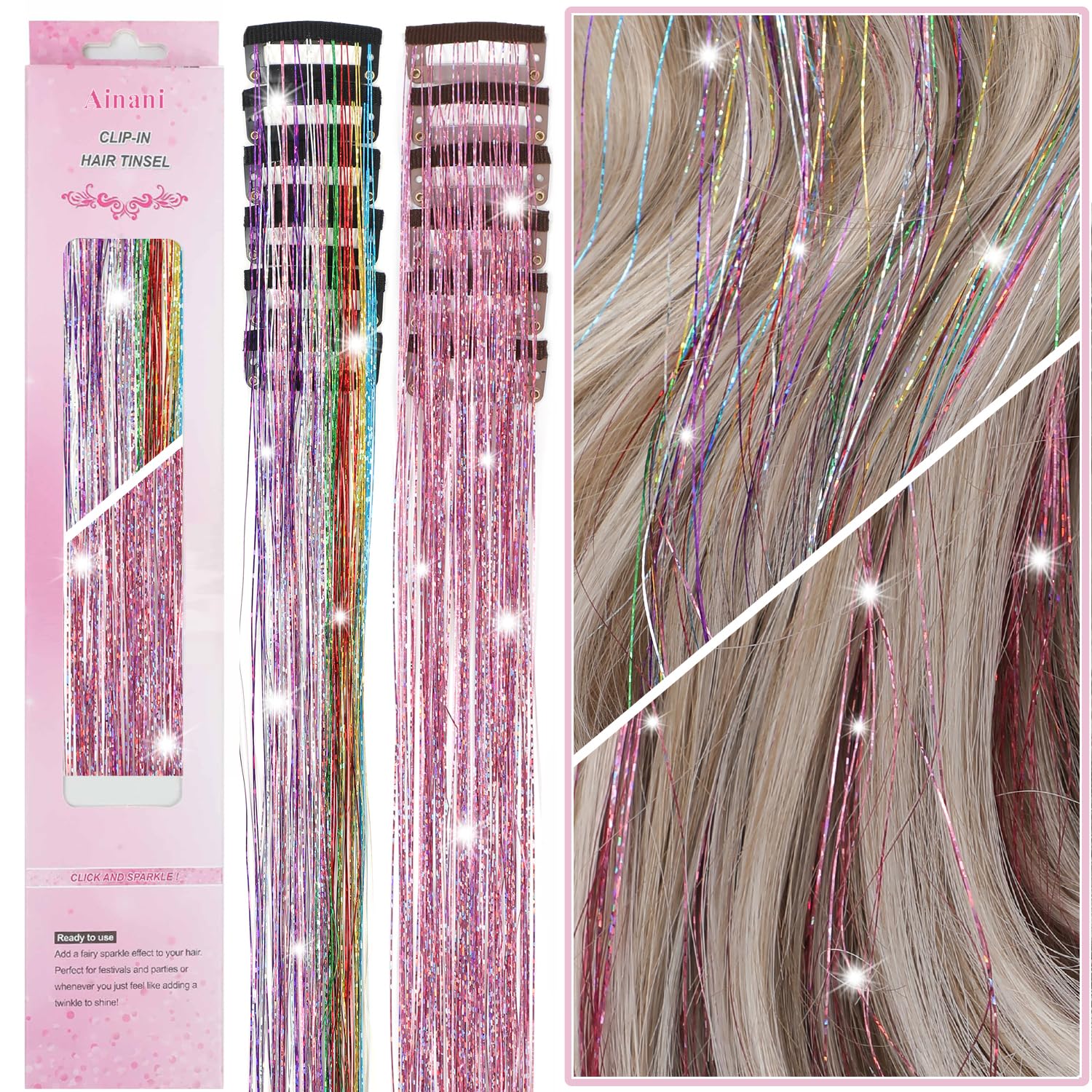 Photo 1 of Ainani Hair Tinsel Clip in 12 Pcs Glitter Tinsel Hair Extensions 20 Inch Fairy Hair Clip in Hair Tinsel Heat Resistant Sparkly Hair Accessories for Girls Women Kids (Pink 6Pcs &Colorful 6Pcs)