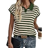 Saodimallsu Womens Striped Polo Sweater Cap Sleeve Summer Top Button V Neck Collared Knit Pullover Shirts