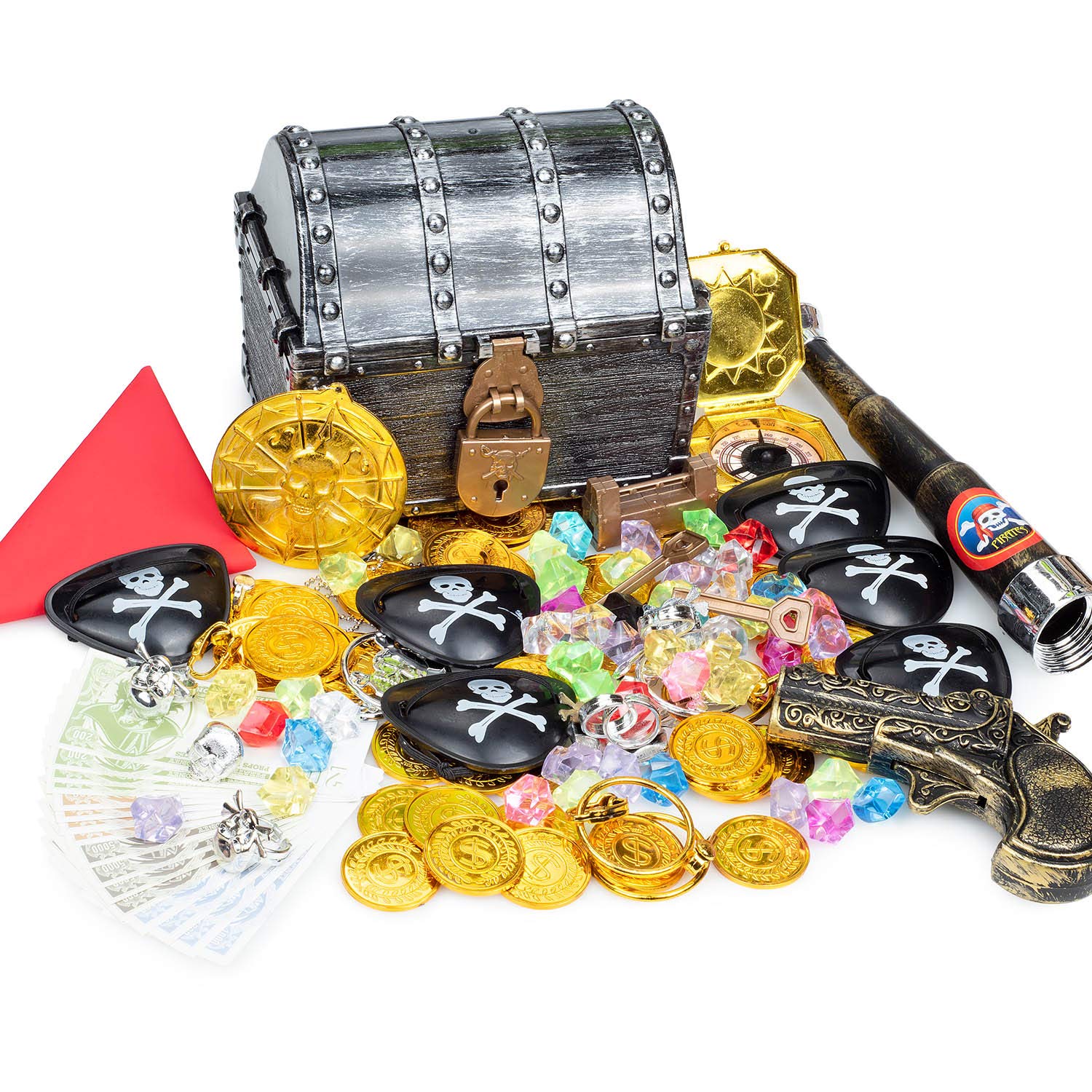 Pashali Pirate Treasure Chest Costume Accessories-Large Toy Box with locks Pirate coins Gems Money Party Supplies with Red Hood, Gun, Eye-Patches, Swords, Telescope,Rings, Earrings,Badge