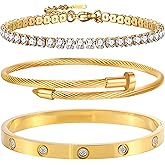 Camhanno Gold Bracelets for Women- 18K Gold Plated Stainless Steel Love Bangle, Nail & Tennis Bracelets Stack Set for Women with Gift Box |Accessories Designer Jewelry