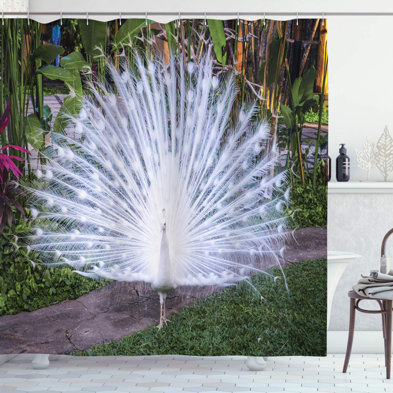 ABAKUHAUS Peacock Shower Curtain, Peacock Open His Tail Feathers in Tropical Garden Unusual Birds Nature Ornament, Cloth Fabric Bathroom Decor Set with Hooks, 78" Inches, White Green