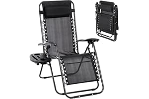 DKELINCS Zero Gravity Chairs Patio Lounge Chairs Outdoor Beach Chair with Pillow and Cup Holder, Adjustable Folding Reclining Lawn Chair Pool Chairs for Outdoor Pool Side Camping Yard Beach (1, Black)
