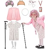 Aimeiar Kids 100 Days of School Costume for Girls, Old Lady Costume wig cardigan sweater and Granny Grandma Set for Child
