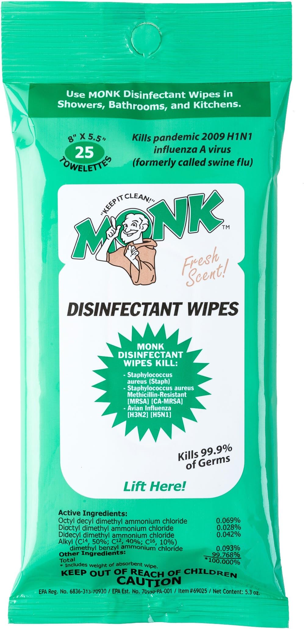 National Towelette 69025f Monk Disinfectant Wipes (12 Travel Packs of 25ct)