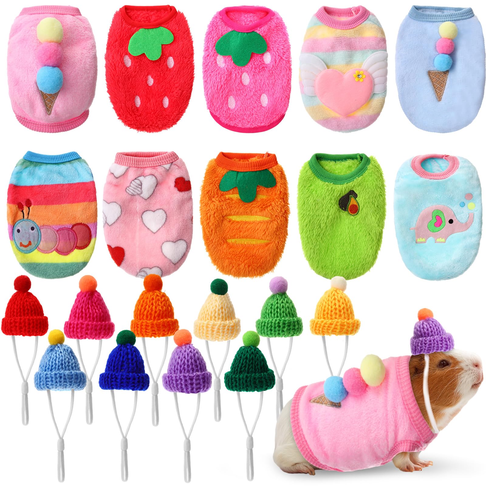 Photo 1 of Cosblank 20 Pcs Guinea Pig Clothes 10 Guinea Pig Costume Outfit 10 Cute Mini Hat with Adjustable Strap Small Animal Warm Vest Clothes Sweater Cozy Hand Knitted Hat for Hamster Bunny