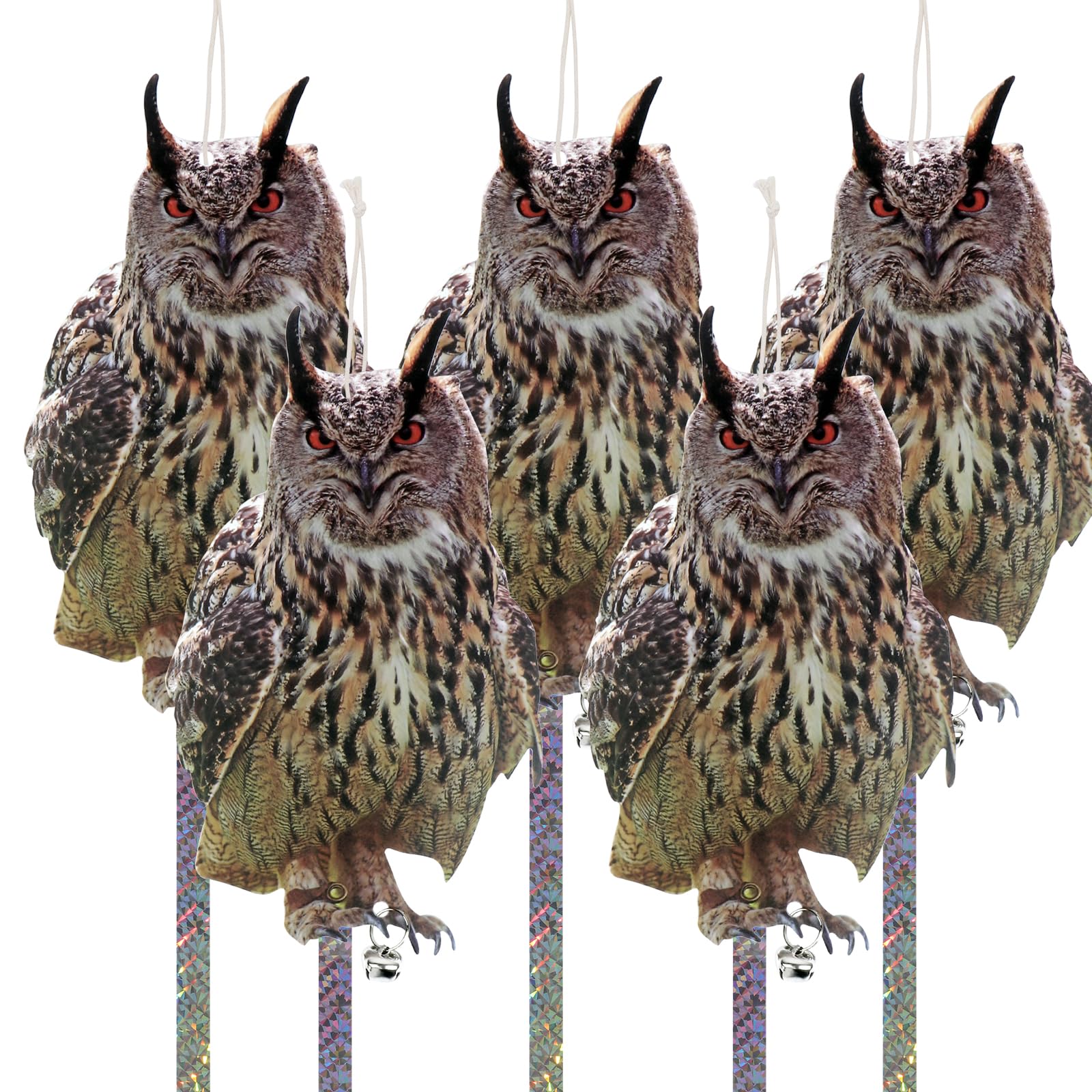 Lifreer Owl to Keep Birds Away, 5PCS Bird Scarer Fake Owl Reflective Birds Deterrent Hanging Decoration Bird Control Device for Farms, Orchards, Gardens, Windows