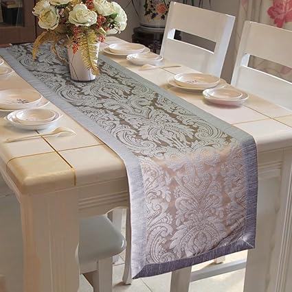 Lushomes Warm Jacquard with Polyester Border Table Runner (Silver, 16x72-inch)