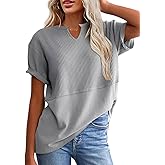 SHEWIN Womens Casual V Neck Waffle Knit Tops Short Sleeve T Shirts Loose Blouses