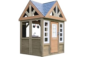 KidKraft Greystone Cottage Wooden Outdoor Playhouse with EZ Kraft Assembly™, Ringing Doorbell, Mailbox, Play Kitchen and Chalkboard, Gift for Ages 3-7