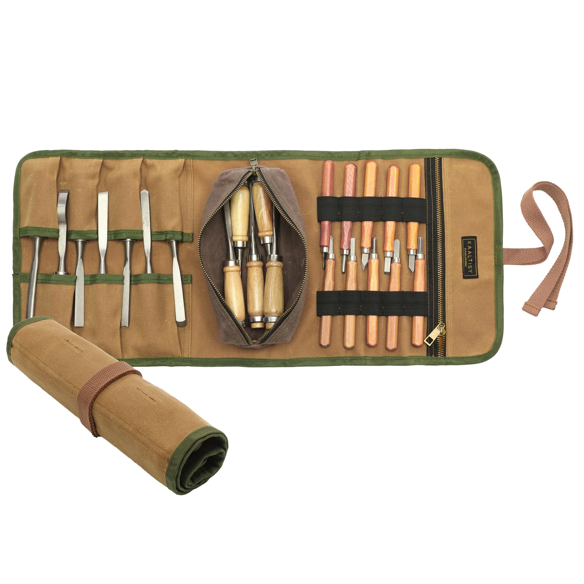 16OZ Waxed Canvas Tool Roll Bag, Heavy Duty Tool Storage Roll Bag with 7 Tool Slots & 1 Detachable Pouch, Khaki Tool Organizer for Wrenches and Tools (60 x 25cm)