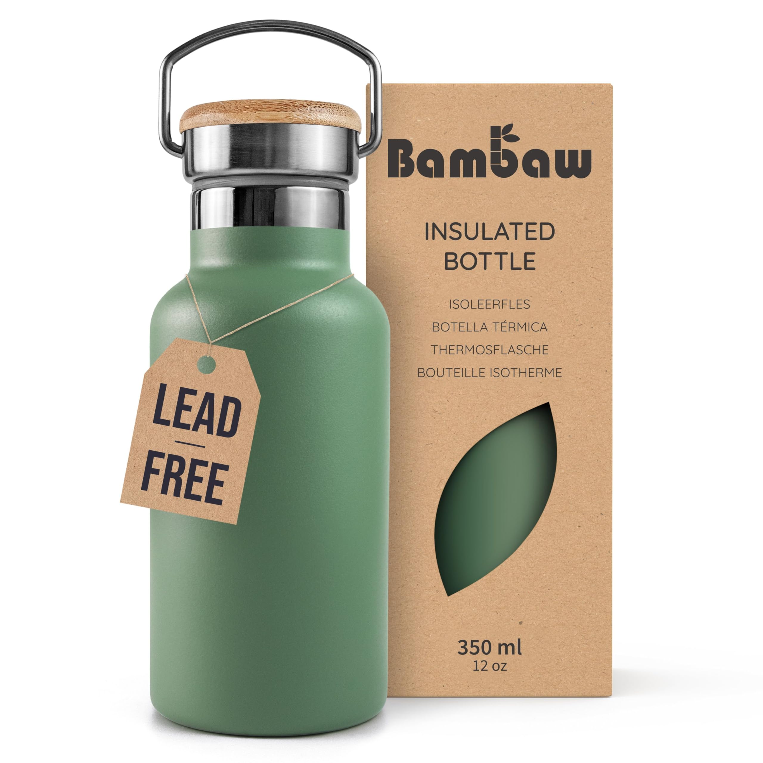 Bambaw 350ml Insulated Water Bottles Metal, Stainless Steel Water Bottle Insulated for Hot & Cold Drinks, Reusable, Lightweight & Leak-Proof, Easy to Carry to School, Gym or on Hike (Sage Green)