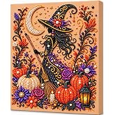 Halloween Diamond Art Kit for Adults, 3D Witch Pearl Painting DIY Craft | Halloween pearl art kit with 3D bead details, moon and pumpkin design for beginners, ideal for seasonal wall decor
