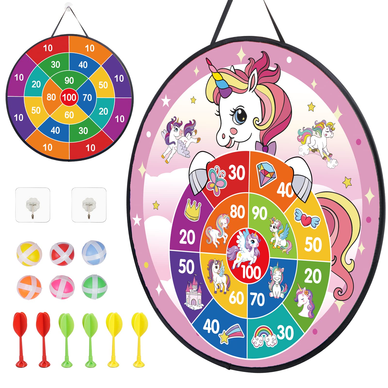 LAMEK Unicorn Dart Board for Kids - 26'' Double Sided Dart Throwing Game for Indoor/Outdoor Activities
