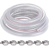 20FT 1" ID x 1.25" OD Steel Wire Suction Hose with 6 Stainless Clamps | Heavy Duty High Pressure PVC Reinforced Clear Vinyl Hose, Flexible Vacuum Suction Tube for Dust Collection, Drain &amp; Fuel