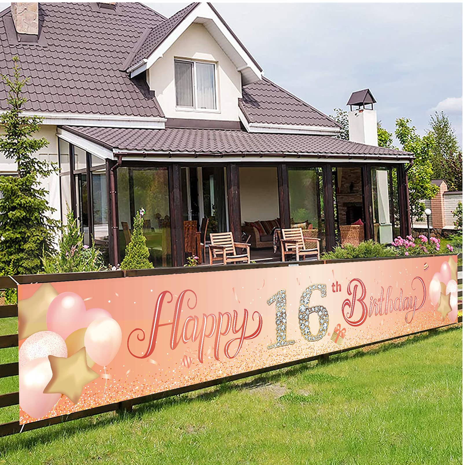Happy 16th Birthday Banner,16th Birthday Decoration Rose Gold,Party Backdrop Banner Fabric Banner for Girls Boy 16th Birthday Photo Backdrop,Photography Background,Outdoor Yard Garden Table Wall Decor