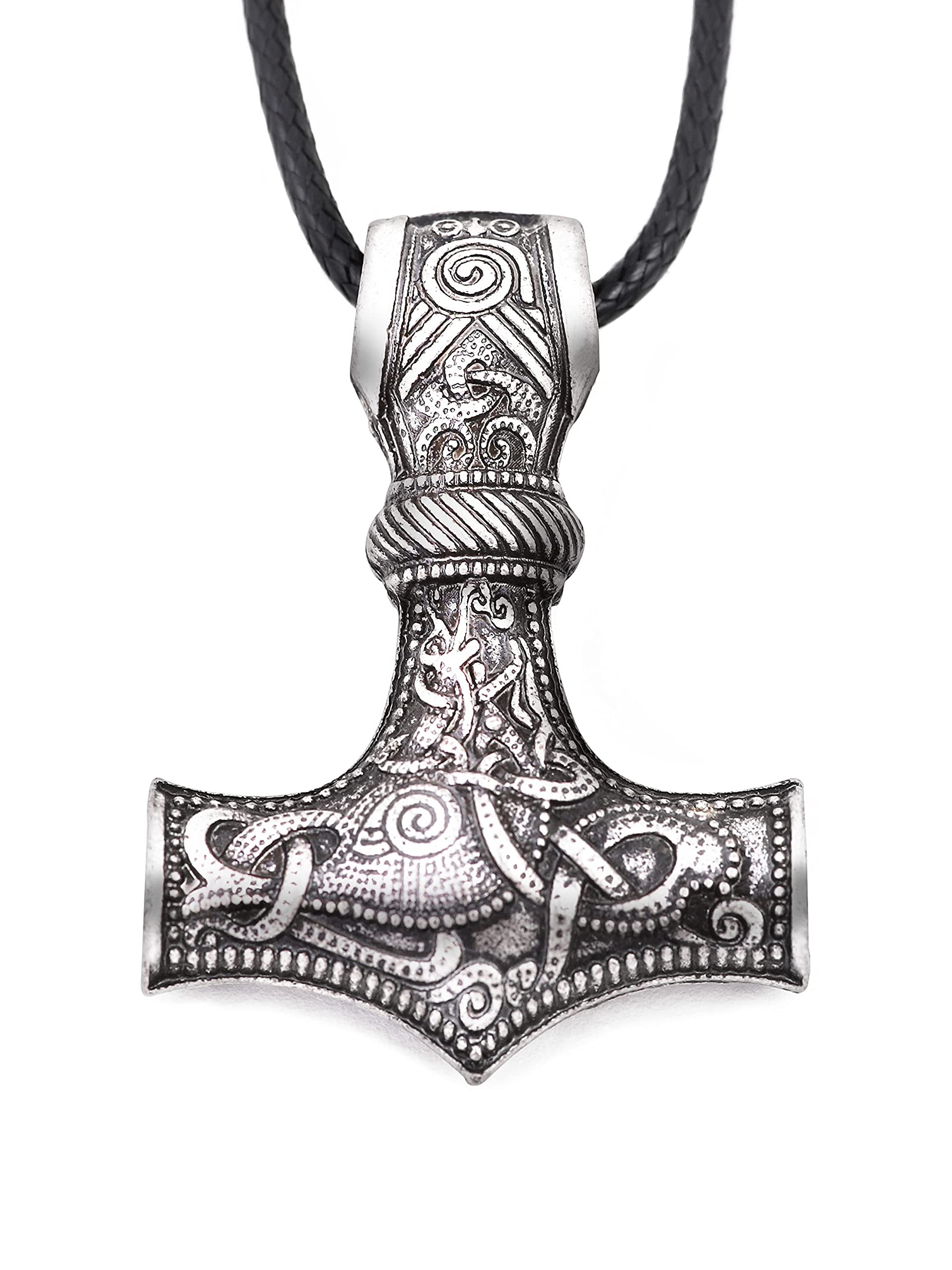 HAQUIL Viking Mjolnir Necklace, Mammen Style Thor's Hammer Pendant, Faux Leather Cord, Viking Jewelry Gift