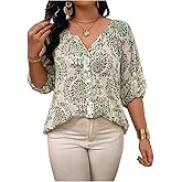 SHENHE Women's Plus Size Summer Boho Dressy Blouse 3/4 Lantern Sleeve Button Down Shirt Going Out Top