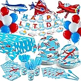 Airplane Birthday Party Decorations for 16 Guests,Party Tablecloth Disposable Paper Plates Napkins Set,Banner Inflatable Airplane,Plane Theme Birthday Party