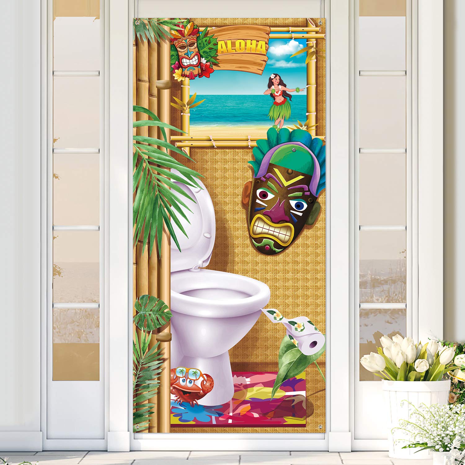 Aloha Door Cover, Large Fabric Tiki Man Restroom Door Cover Luau Party Aloha Banner for Tropical Hawaiian Aloha Party Decorations Favors, 78.7 x 35.4 Inch