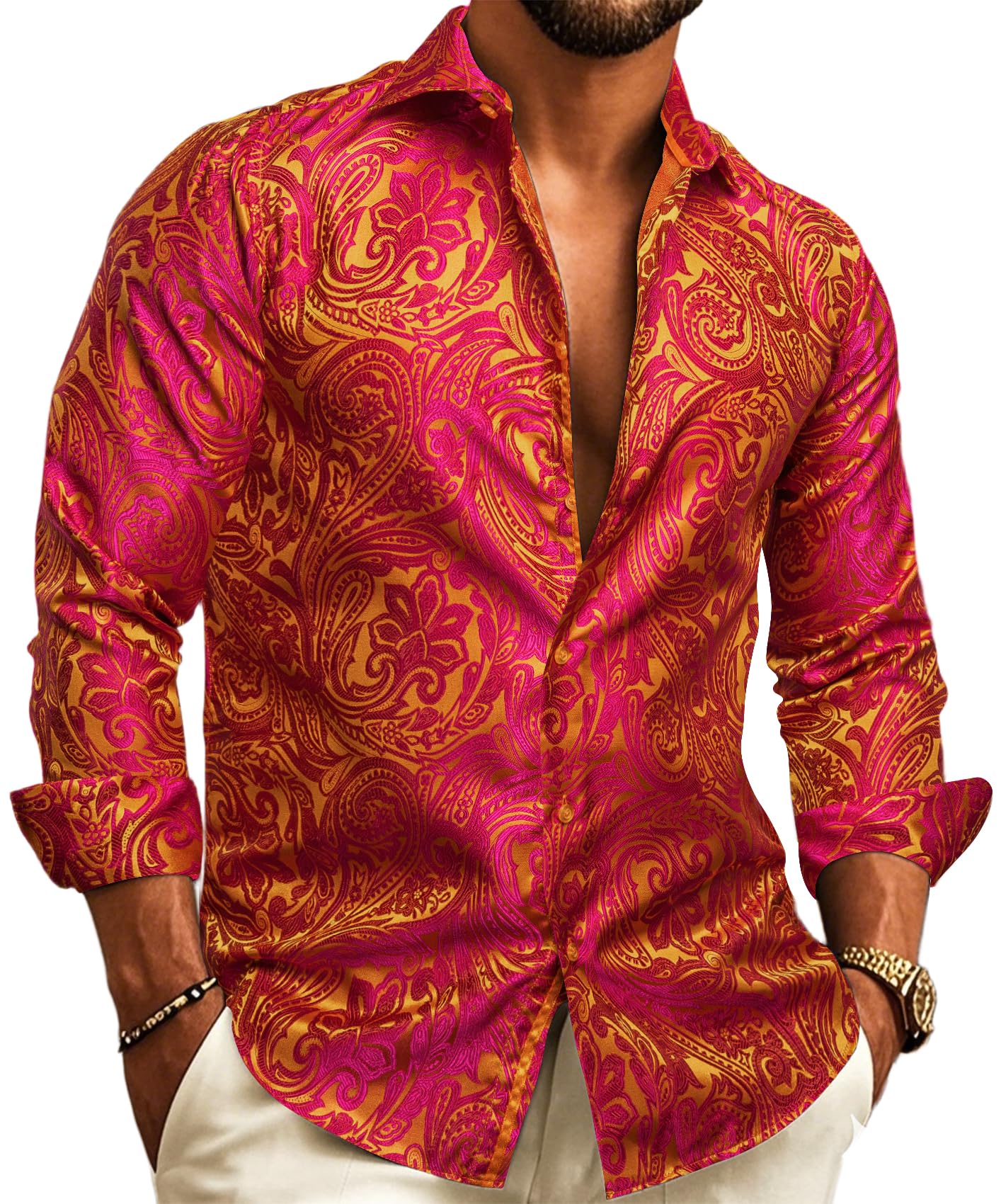Barry.Wang Men's Silk Shirts Button Down Orange Pink Dress Shirt for Men Paisley Floral Long Sleeve Casual Mexico Shirts Image