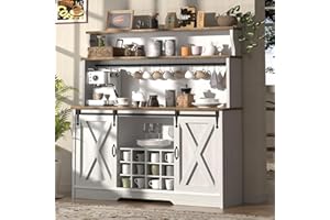 BestHaped 55'' Farmhouse Coffee Bar Cabinet with 3 Tier Storage Hutch, Coffee Bar Station with Sliding Barn Door, Hutch Storage Cabinet with 12 Wine Racks & 9 Hooks for Kitchen Dining Living Room
