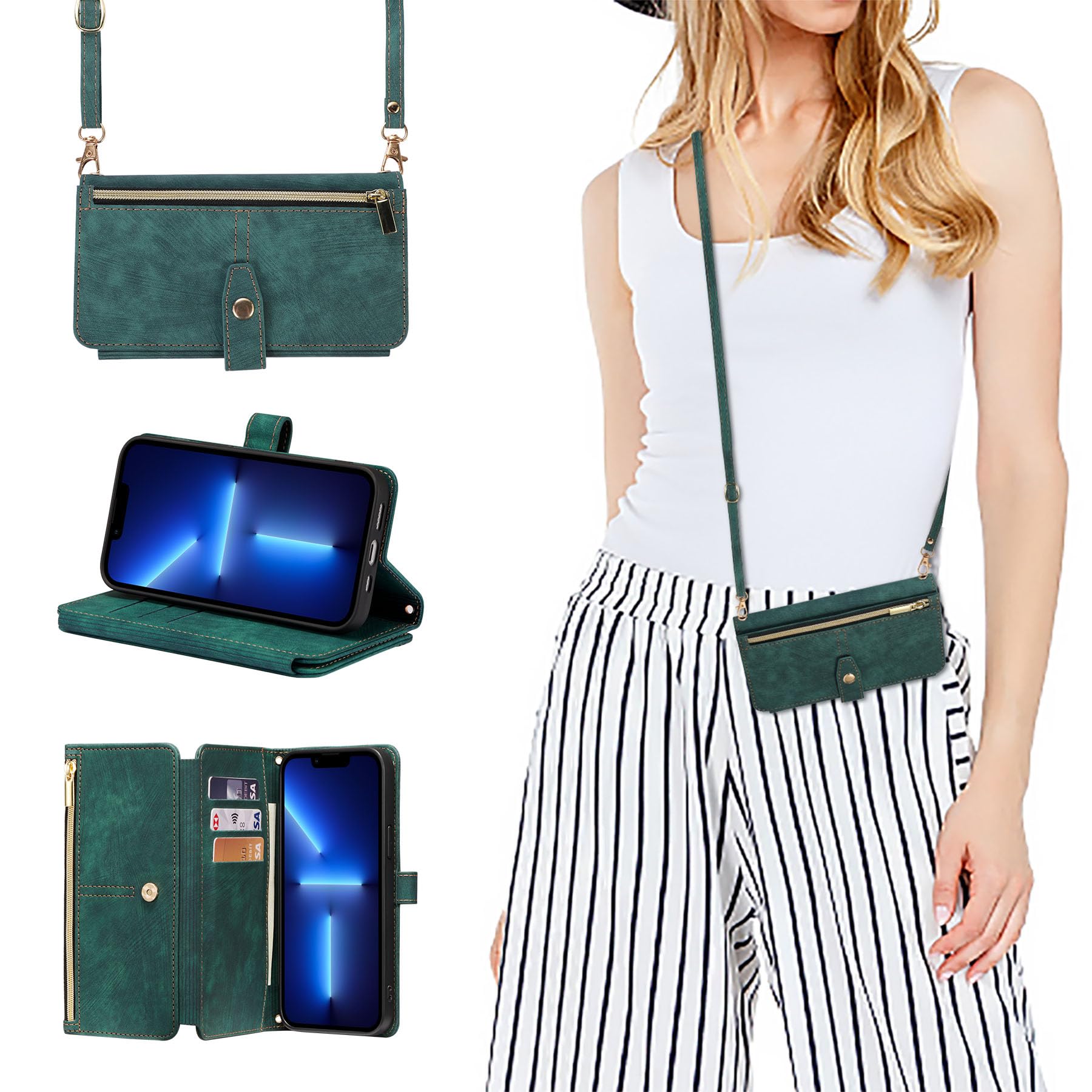 ZCDAYE iPhone 14 Pro Max (6.7 inches) Wallet Case, Green - Premium PU Leather & TPU, 9 Card Slots, Zipper Purse, Stand Function, Full-Body Protection