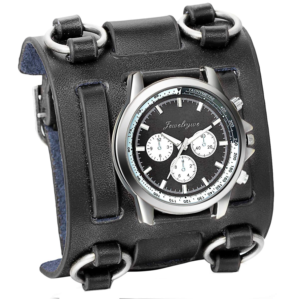 JewelryWe Black Hip-hop Gothic Punk Style Men Watch Wide Leather Fashion Cuff Wristwatch - Free Customized Engraving