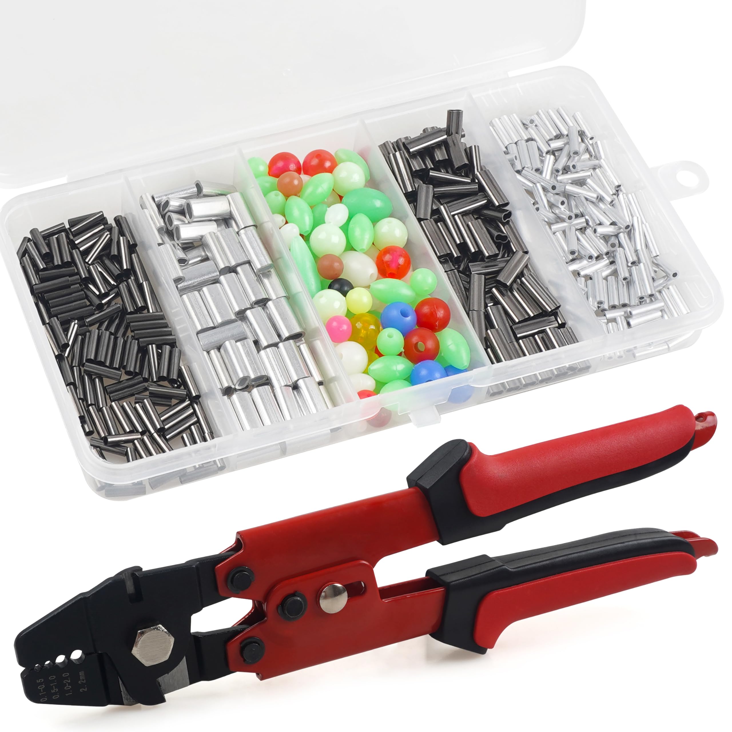 Fishing Crimping Tool Kit,Stainless Steel Fishing Crimp Pliers Wire Rope Crimping Tool with 500pcs Aluminum Copper Barrel Crimp Sleeves Beads Set