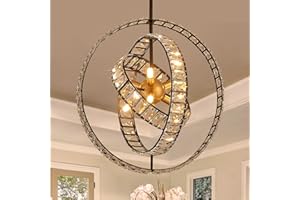 TACDANDM 18" Crystal Globe Sputnik Chandelier, 6-Light Black Gold Modern Adjustable Hanging Ceiling Pendant Light Fixture for Entryway Foyer Stairway Bedroom Dining Living Room Hallway