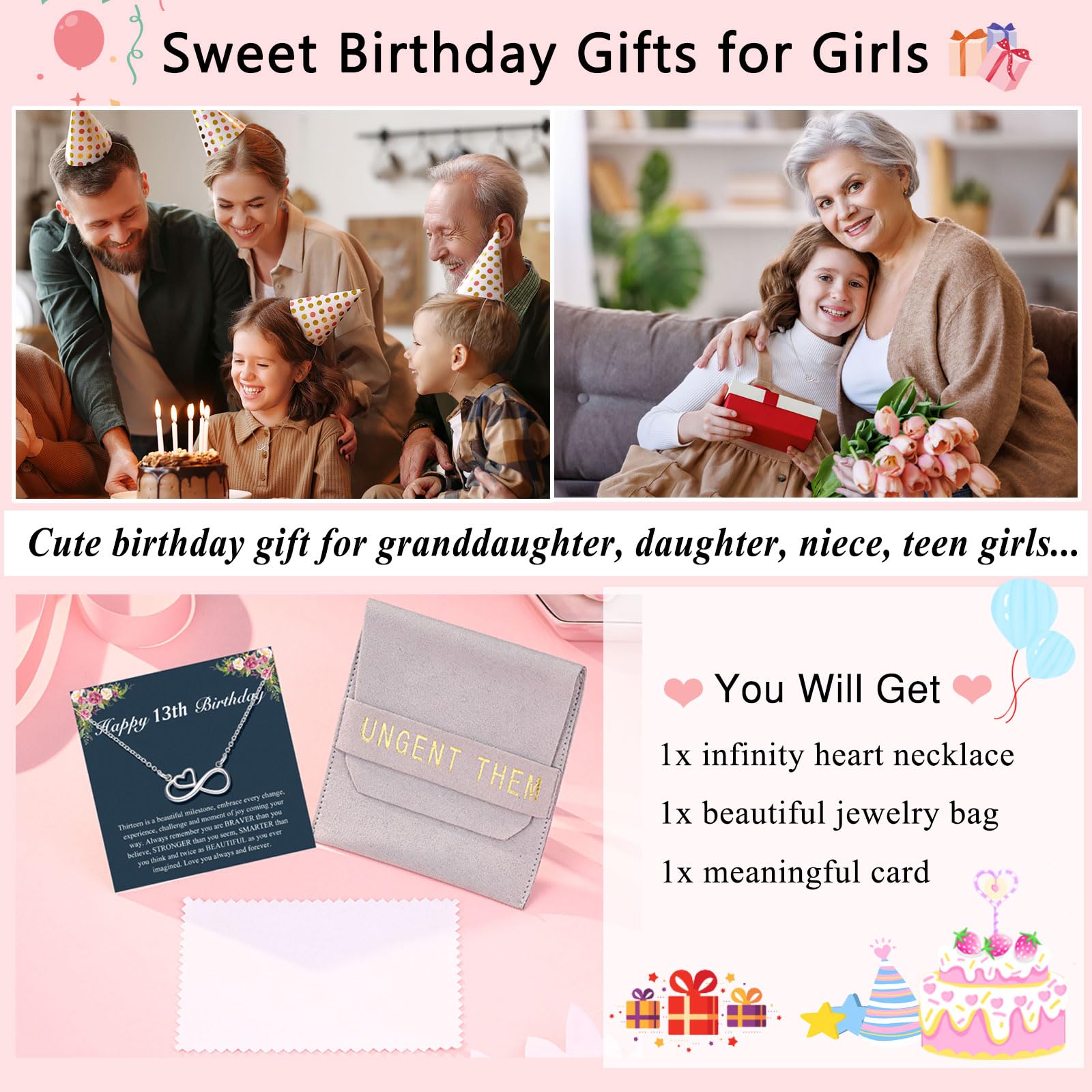 UNGENT THEM Infinity Heart Necklace for 13 16 18 Year Old Birthday Girls, Birthday Present for Daughter Granddaughter Friends
