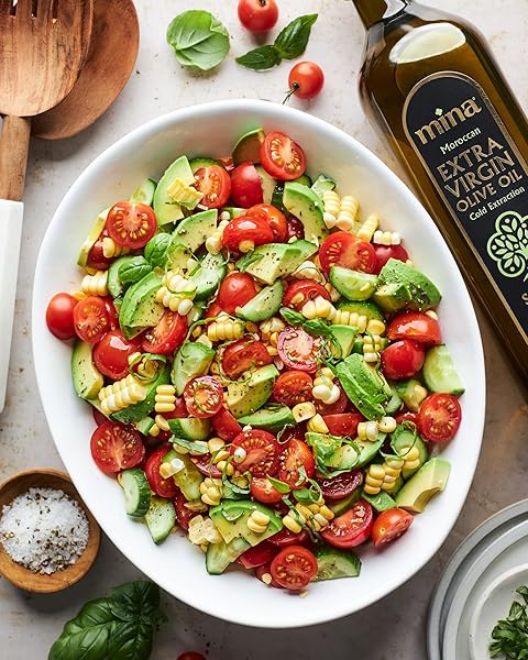 MINA OLIVE OIL EXTRA VIRGIN 33.8 FL OZ, NEW HARVEST, POLYPHENOL RICH OLIVE OIL FOR COOKING, MOROCCAN EVOO, SINGLE ORIGIN, COLD EXTRACTION, LESS THAN 0.2% ACIDITY, 1 L