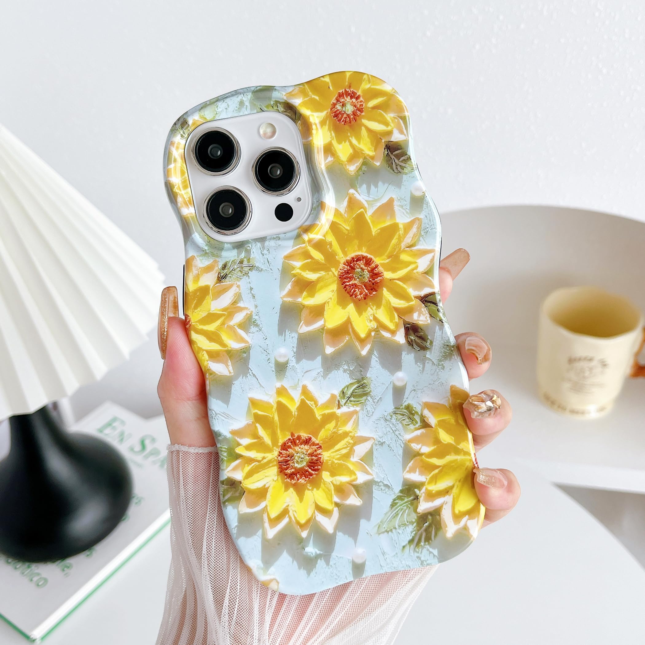 XIZYO Colorful Retro Oil Painting Flower Wavy Case for iPhone 13 Pro Max, Hybrid 2-Layer Cute Floral Curly Wave Aesthetic Phone Case, Girls Women Slim Soft TPU Shockproof Cover, Sunflower/Green