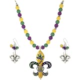Mardi Gras Theme Necklace And Earrings Set - 18 Inch Pendant Necklace, Purple Green Gold