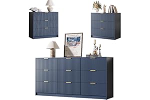 MAISONARIA 3-Piece Dresser Bedroom Set, 9 Drawer Dresser & 3 Drawer Nightstands with Gold Handles, Fluted Wood Chest of Drawers for Bedroom, Living Room, Entryway, Navy Blue