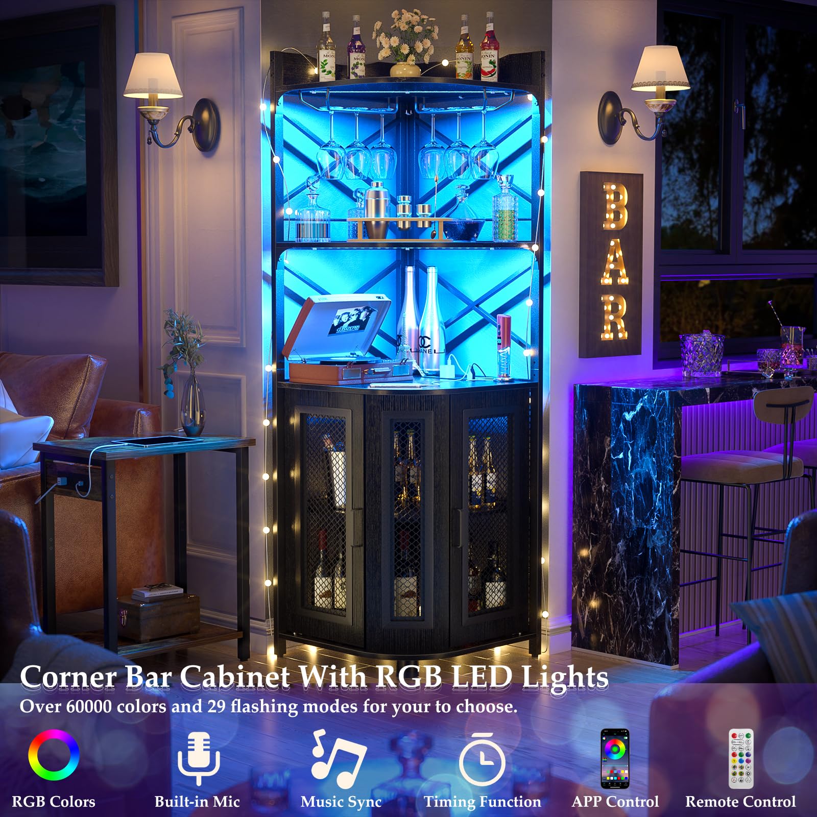 Mua Aheaplus Corner Bar Cabinet with Power Outlet, Industrial Wine ...