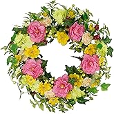 YNYLCHMX 18" Spring Summer Wreaths for Front Door, Artificial Floral Wreath with Peony and Eucalyptus Leaves, Green Foliage Wreath for Wall Window Farmhouse Party Holiday Home Decor