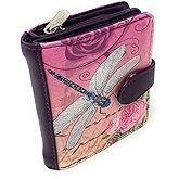 Shag Wear Vintage Dragonfly Small Women’s Wallet, Vegan Faux Leather Bifold with Card Slots, ID Window and Compact Snap Closure in Purple 4.5"